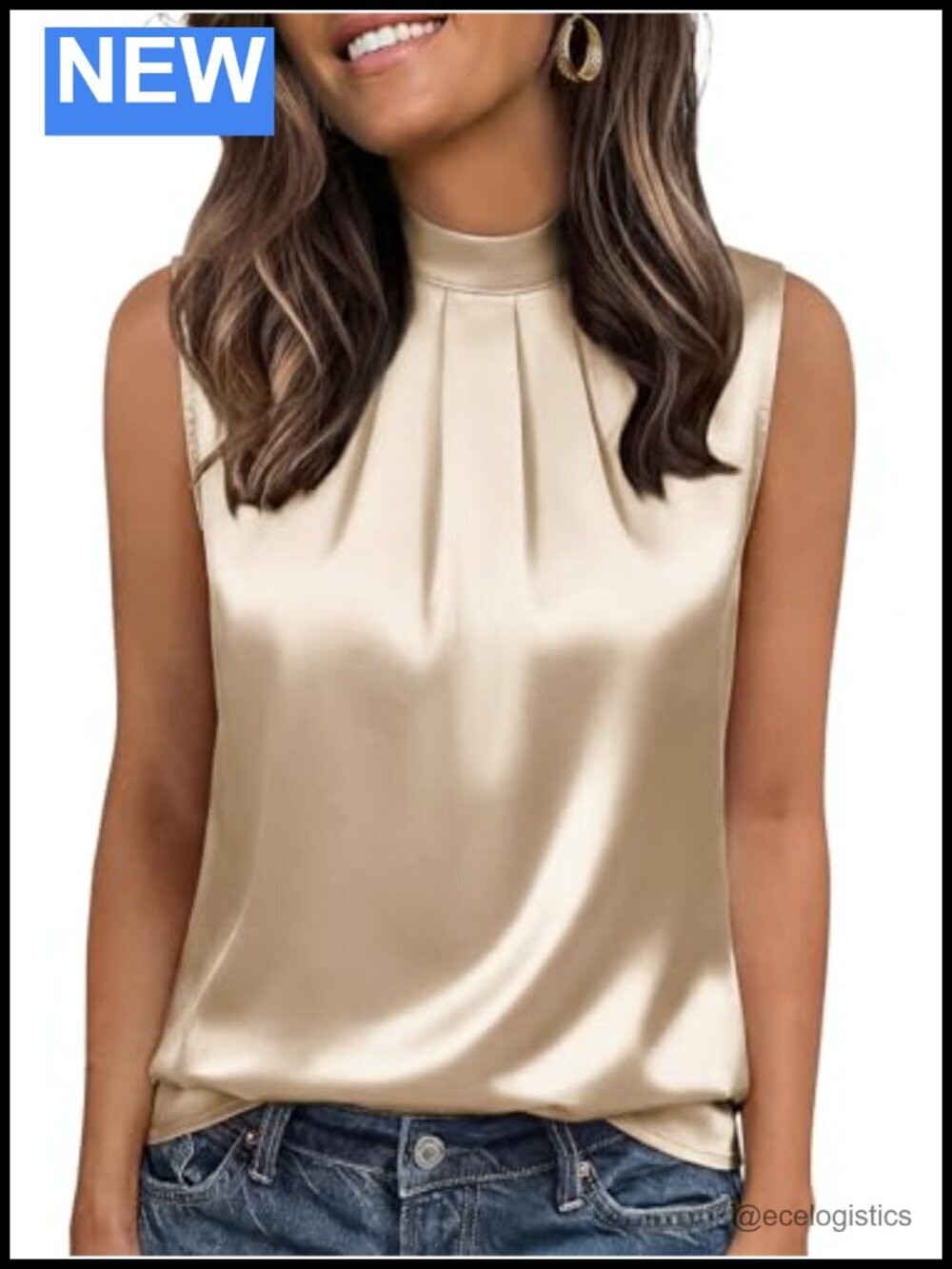 Silk Satin Mock Neck Camisole Tank Top Pleated Dressy Blouse